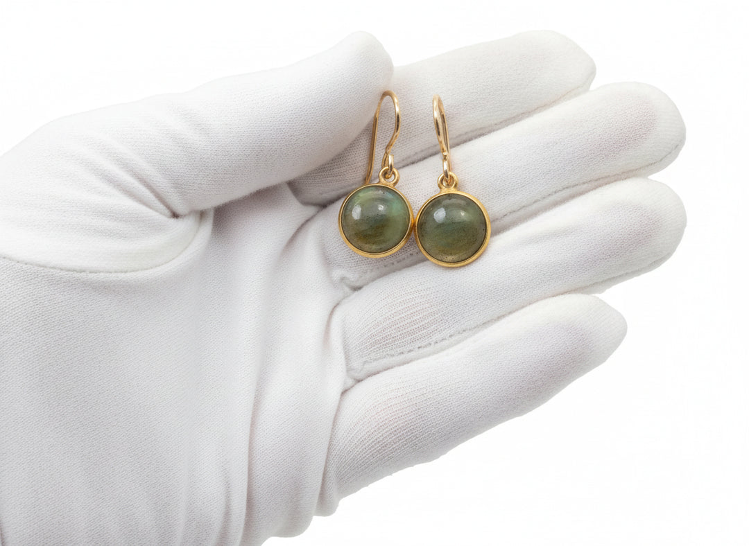 Blue Flash Labradorite Earrings Small Simple Drops Bezel Set Round Drop Dangle 14k Solid Gold or Filled Dainty Smooth Cut Small Drops