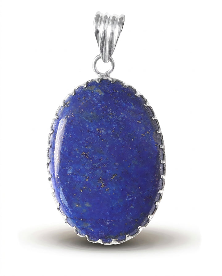 Lapis Lazuli Necklace Pendant Oval Sterling Silver Bezel Simple Contemporary Natural Pyrite Flecks Rich Blue