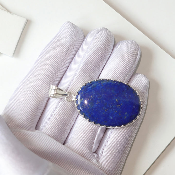 Lapis Lazuli Necklace Pendant Oval Sterling Silver Bezel Simple Contemporary Natural Pyrite Flecks Rich Blue