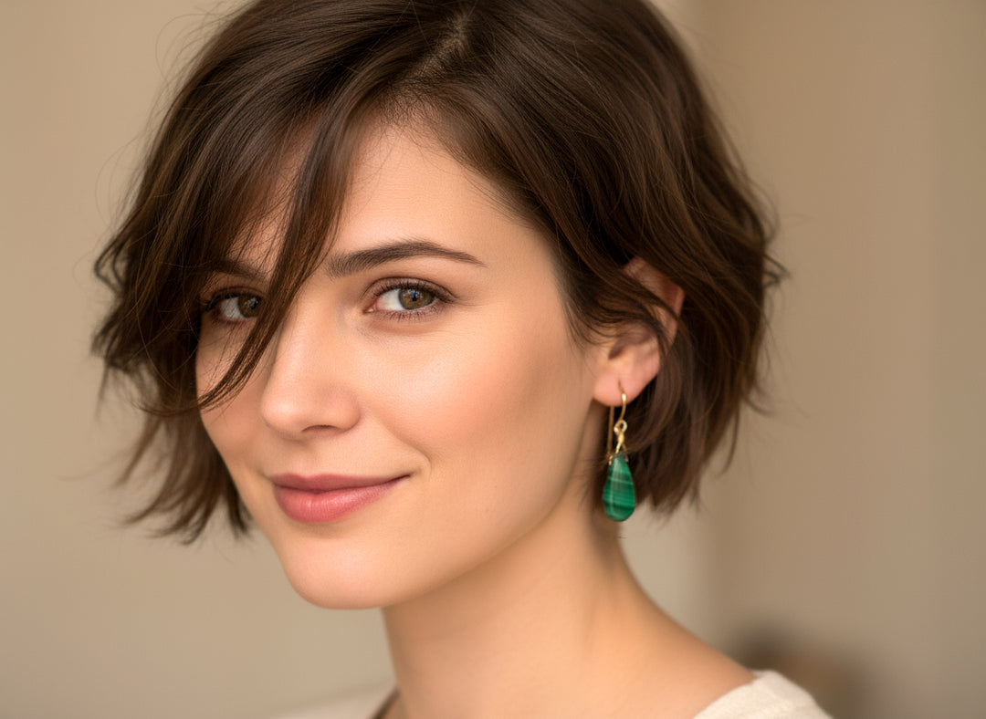 Malachite Earrings Green Teardrop smooth Natural Dangle Drops Sterling Silver or 14k Solid Gold or Filled Beaded simple Spyglass Designs