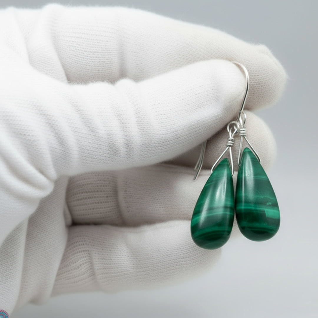 Malachite Earrings Green Teardrop smooth Natural Dangle Drops Sterling Silver or 14k Solid Gold or Filled Beaded simple Spyglass Designs