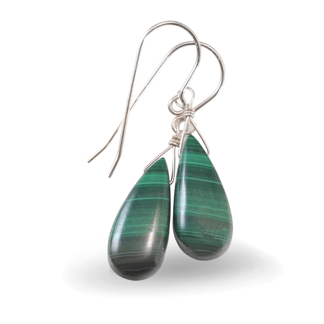 Malachite Earrings Green Teardrop smooth Natural Dangle Drops Sterling Silver or 14k Solid Gold or Filled Beaded simple Spyglass Designs
