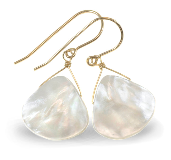 Mother of Pearl Earrings White Shell Heart Shape Teardrop Natural 14k Solid Gold or Filled or Sterling Silver Large Fat High Simple Drop MOP