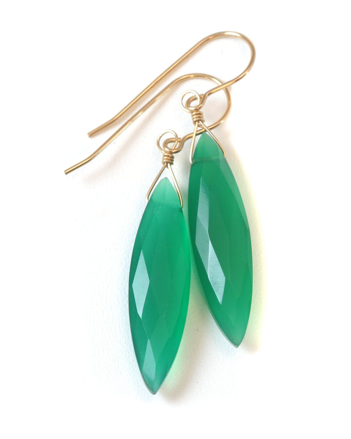 Green Onyx Earrings Faceted Long AAA Drop Dangle Large Narrow Teardrop Sterling Silver or 14k Gold Filled Rich Emerald Green Color Drops