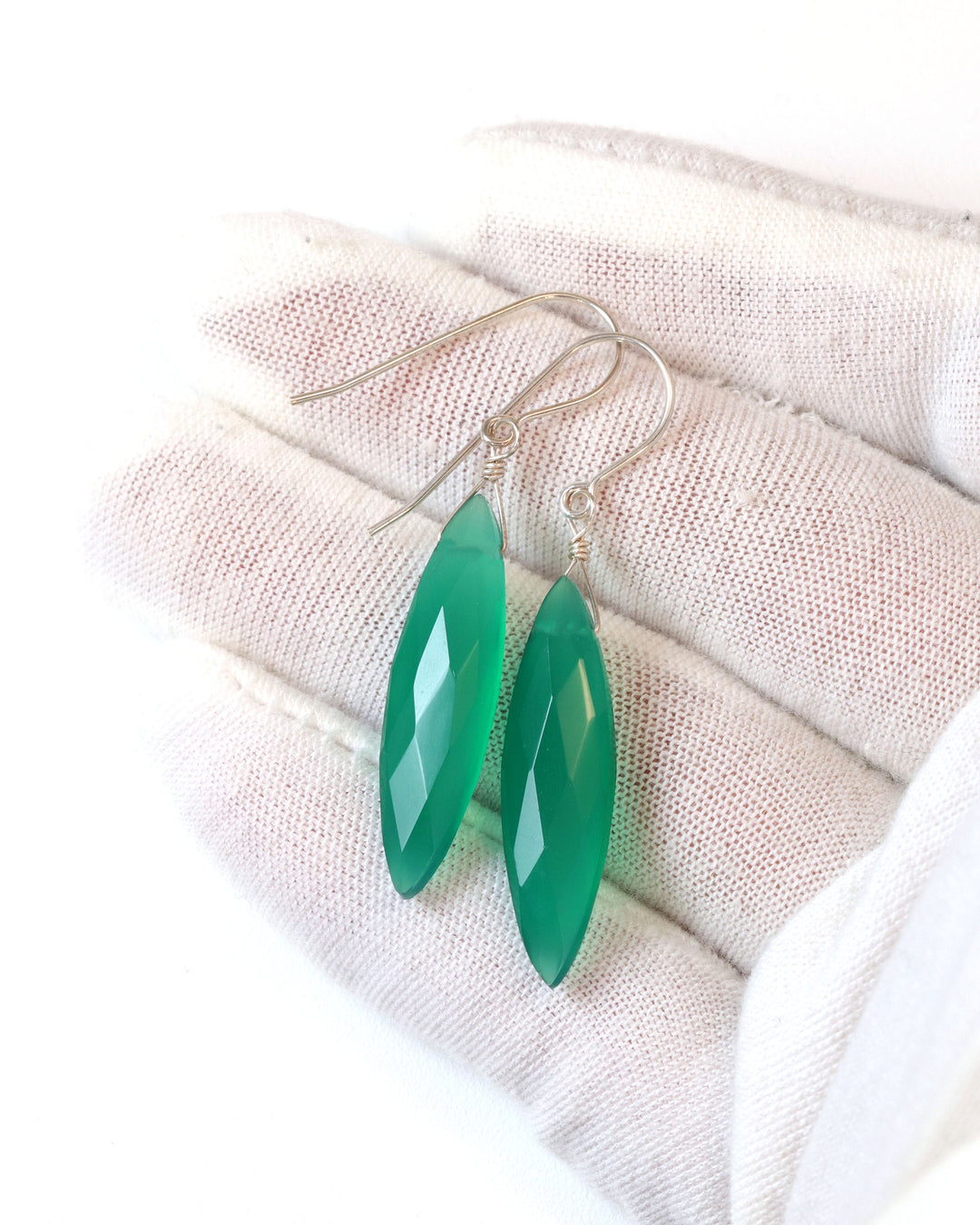 Green Onyx Earrings Faceted Long AAA Drop Dangle Large Narrow Teardrop Sterling Silver or 14k Gold Filled Rich Emerald Green Color Drops