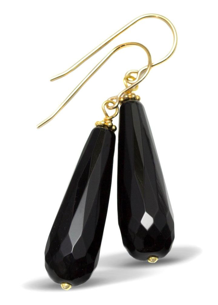 Black Onyx Earrings Faceted Large Long Rounded Teardrop Dangle Sterling Silver or 14k Yellow solid Gold or Filled Classic Briolette Drops