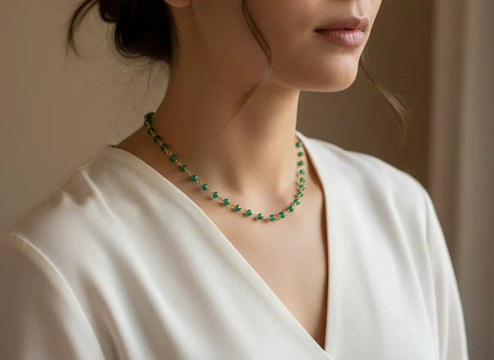 Green Onyx Necklace Faceted Spaced Link Beaded 14k Gold Fill or Sterling Silver Necklace 18 19 Inches Rich Emerald Green in Color 3mm or 5mm - Spyglass Designs