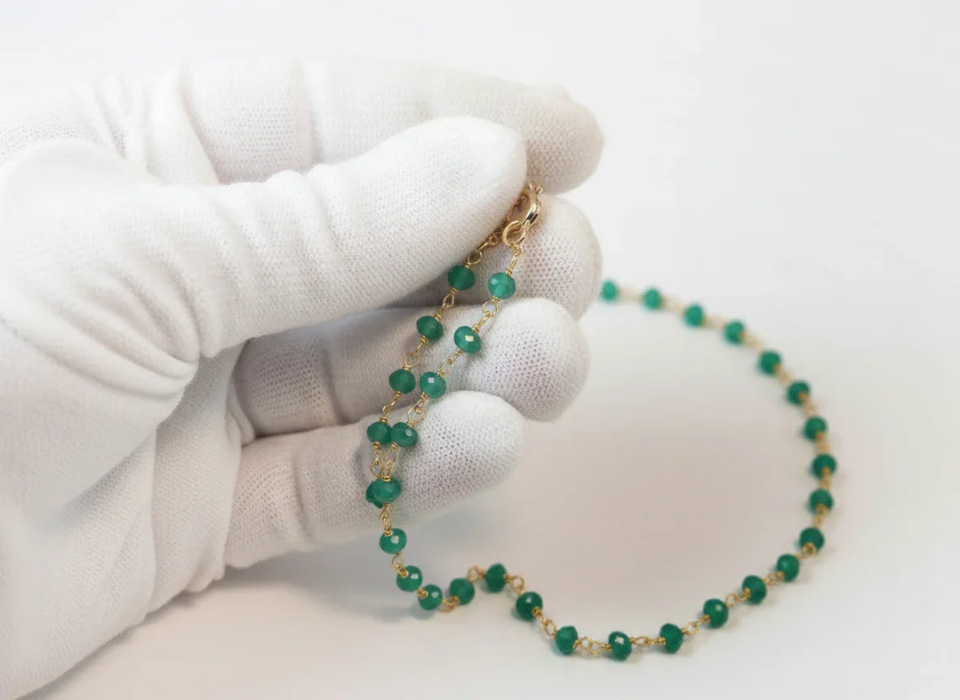 Green Onyx Necklace Faceted Spaced Link Beaded 14k Gold Fill or Sterling Silver Necklace 18 19 Inches Rich Emerald Green in Color 3mm or 5mm - Spyglass Designs