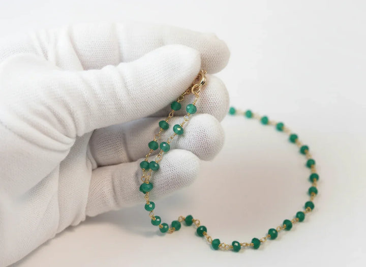 Green Onyx Necklace Faceted Spaced Link Beaded 14k Gold Fill or Sterling Silver Necklace 18 19 Inches Rich Emerald Green in Color 3mm or 5mm - Spyglass Designs