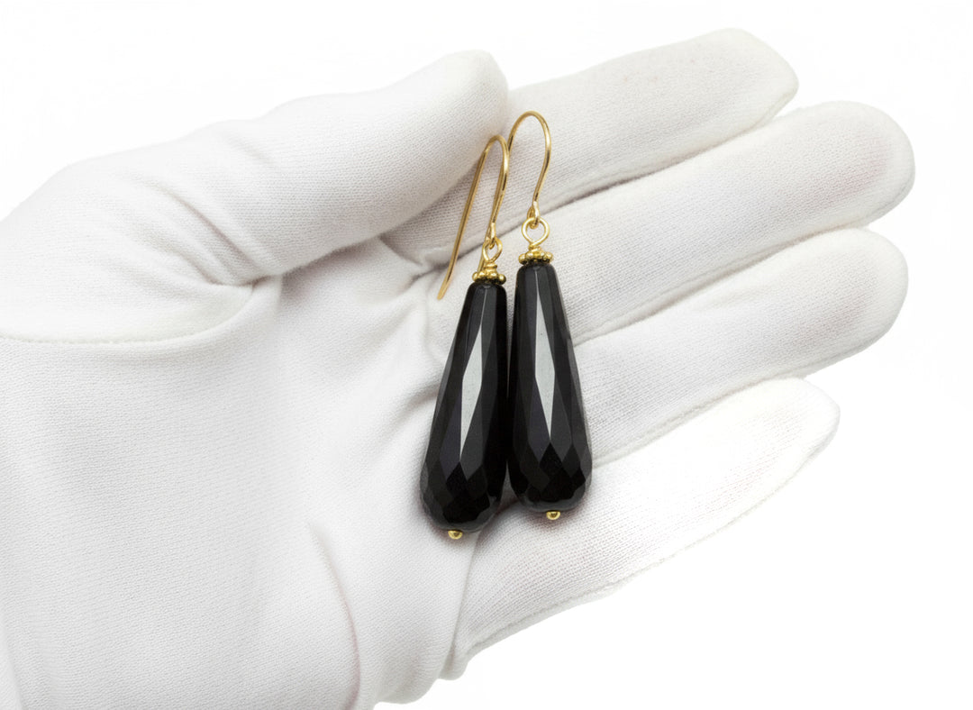 Black Onyx Earrings Faceted Large Long Rounded Teardrop Dangle Sterling Silver or 14k Yellow solid Gold or Filled Classic Briolette Drops