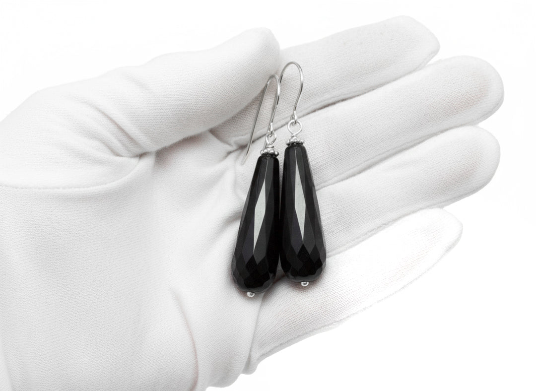 Black Onyx Earrings Faceted Large Long Rounded Teardrop Dangle Sterling Silver or 14k Yellow solid Gold or Filled Classic Briolette Drops