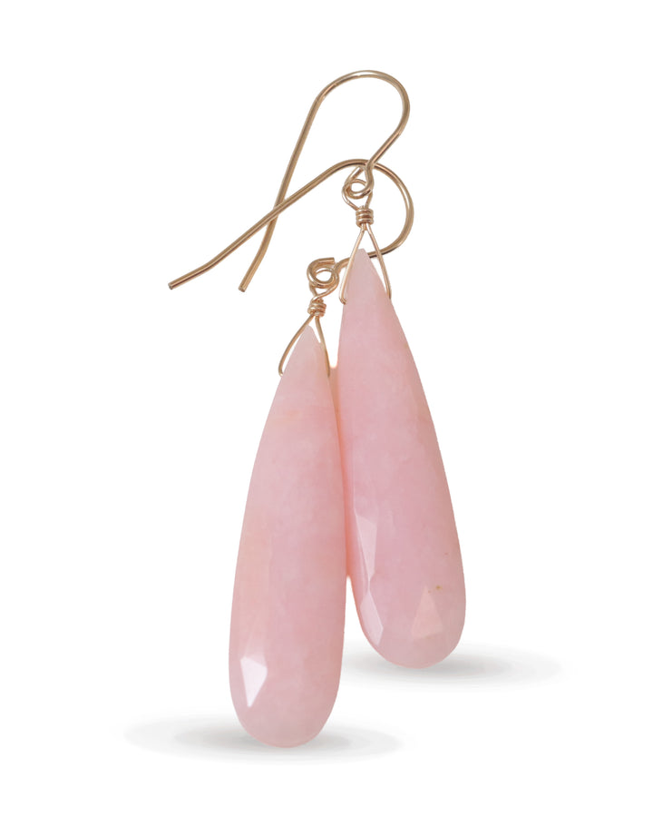Pink Peruvian Opal Earrings Faceted Long Pear Teardrops 14k Solid Yellow Gold or Filled or Sterling Silver Simple Soft Pink Opals Earthy