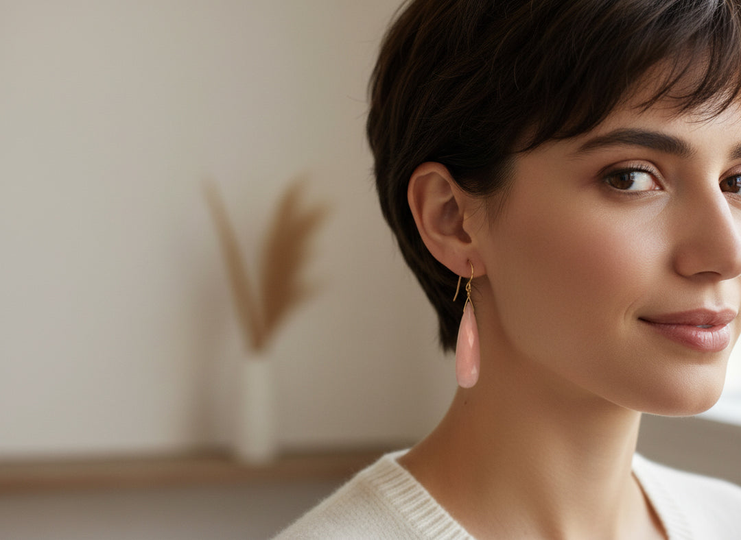 Pink Peruvian Opal Earrings Faceted Long Pear Teardrops 14k Solid Yellow Gold or Filled or Sterling Silver Simple Soft Pink Opals Earthy