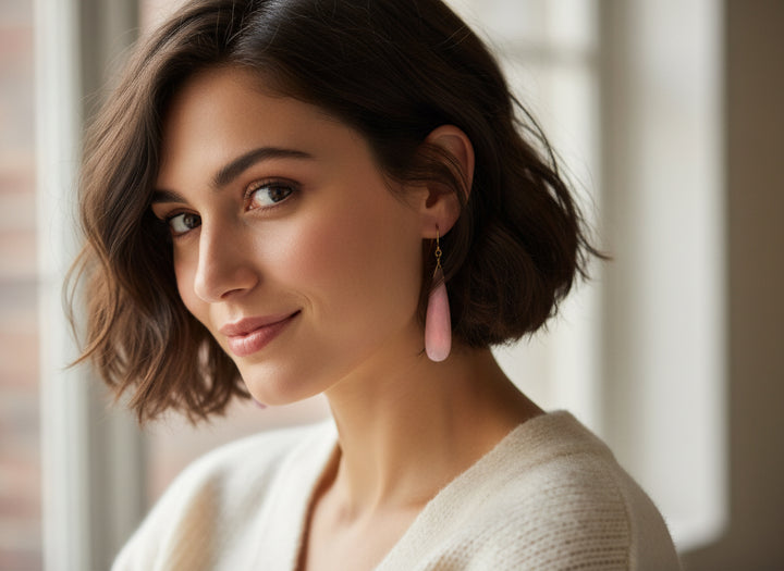 Pink Peruvian Opal Earrings Faceted Long Pear Teardrops 14k Solid Yellow Gold or Filled or Sterling Silver Simple Soft Pink Opals Earthy