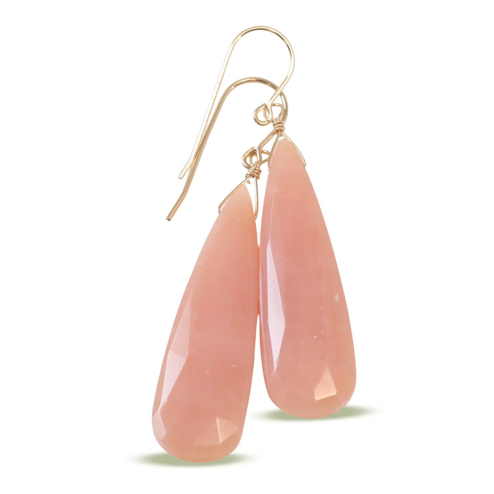 Pink Peruvian Opal Earrings Faceted Long Pear Teardrops 14k Solid Yellow Gold or Filled or Sterling Silver Simple Soft Pink Opals Earthy - Spyglass Designs