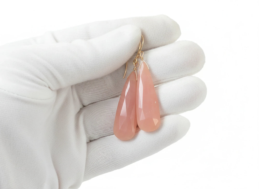 Pink Peruvian Opal Earrings Faceted Long Pear Teardrops 14k Solid Yellow Gold or Filled or Sterling Silver Simple Soft Pink Opals Earthy - Spyglass Designs
