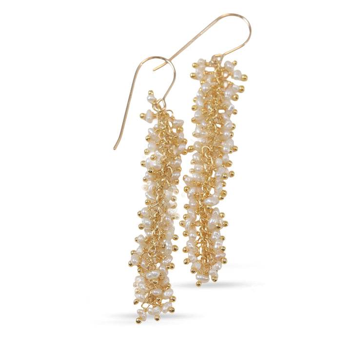 Seed Pearl Earrings 14k Solid Gold or Sterling Silver White Dense Cluster Freshwater Cultured Drops 2.5 Inches Tiny Pearls Dangles