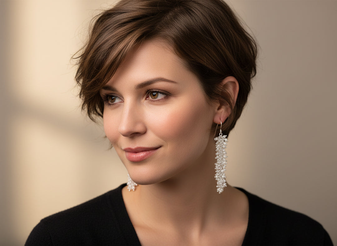 Seed Pearl Earrings 14k Solid Gold or Sterling Silver White Dense Cluster Freshwater Cultured Drops 2.5 Inches Tiny Pearls Dangles