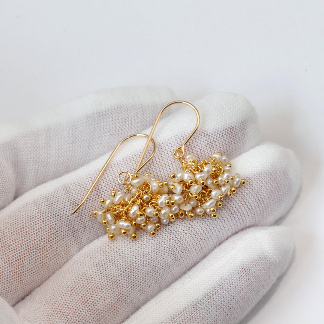 Seed Pearl Earrings  14k Solid Gold or Sterling Silver French Ear Wires White Dense Cluster Freshwater Drops 2 Inch Tiny Small Pearls Dangles