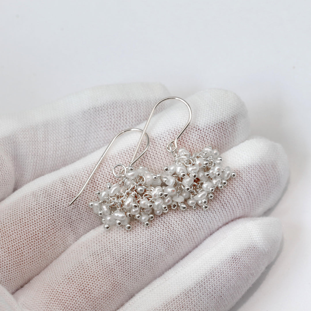 Seed Pearl Earrings  14k Solid Gold or Sterling Silver French Ear Wires White Dense Cluster Freshwater Drops 2 Inch Tiny Small Pearls Dangles