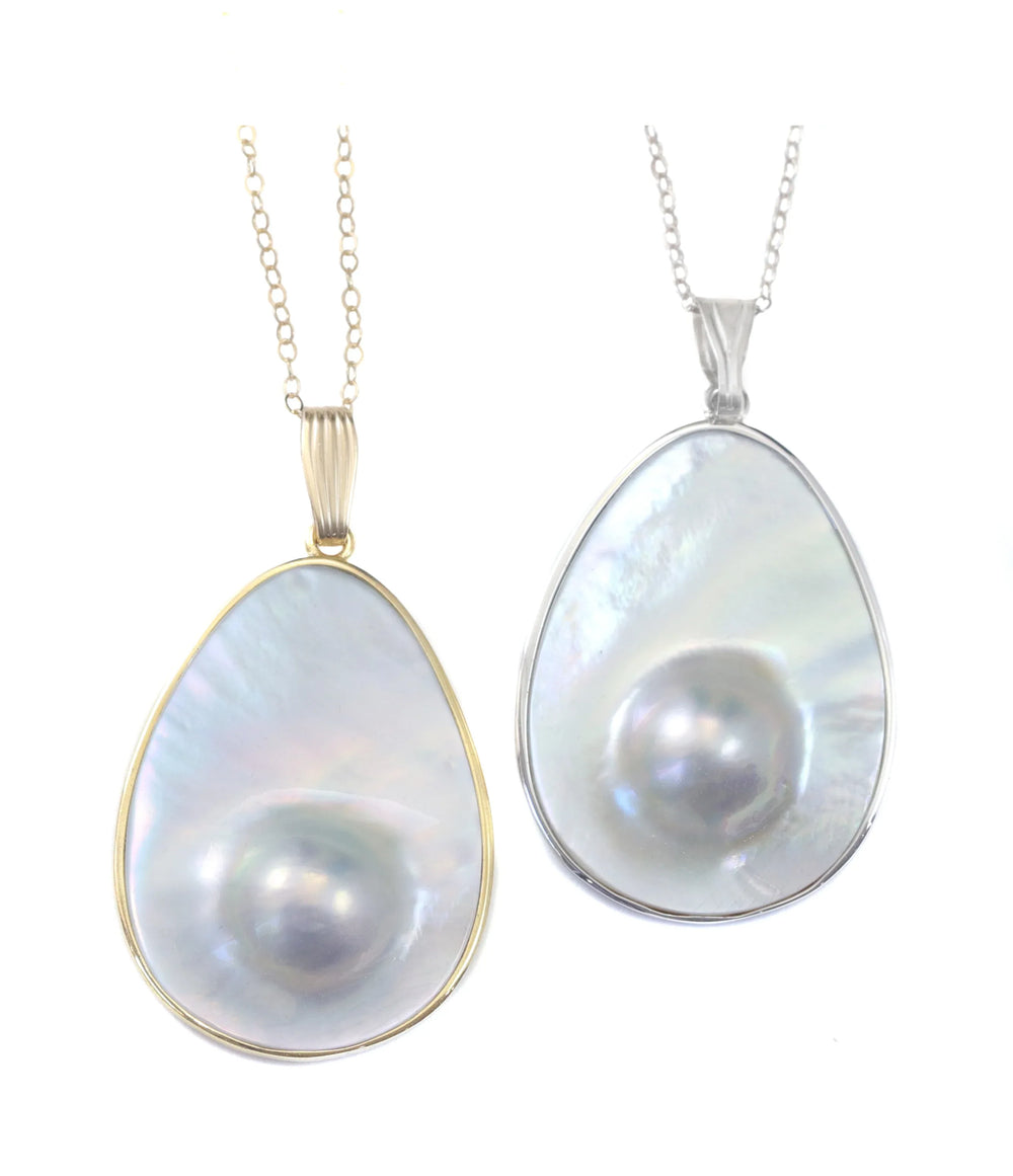 Blister Pearl Pendant Large Chain Silvery Mother of Pearl Natural High Luster Organic Shape