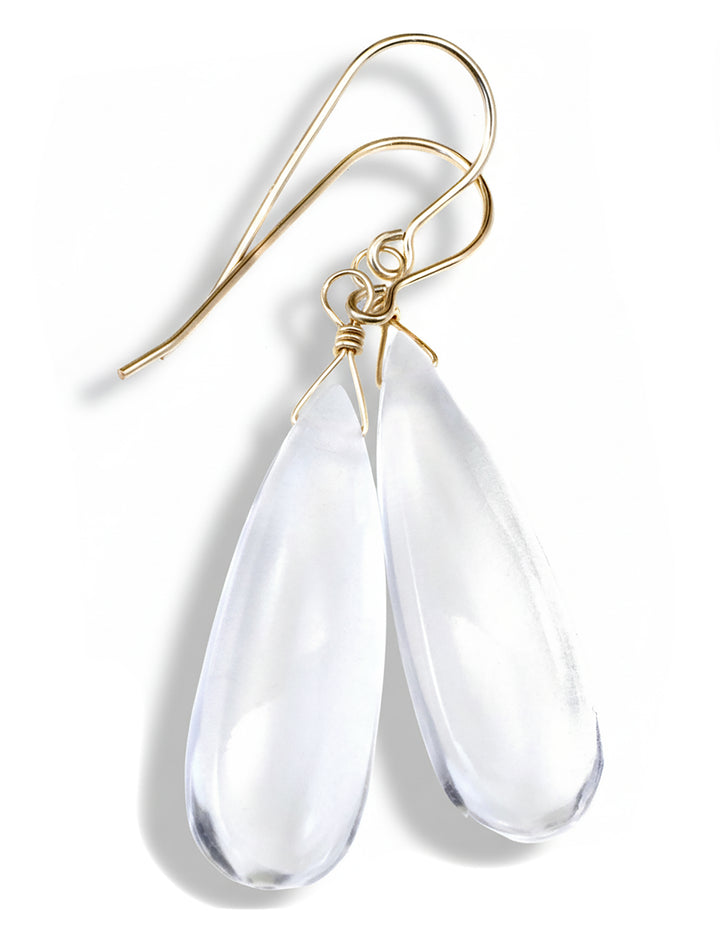 Crystal Clear Quartz Earrings Long Smooth Teardrop Drops 14k Solid Gold or Filled or Sterling Silver Pear Shape Puffed Drops Classic