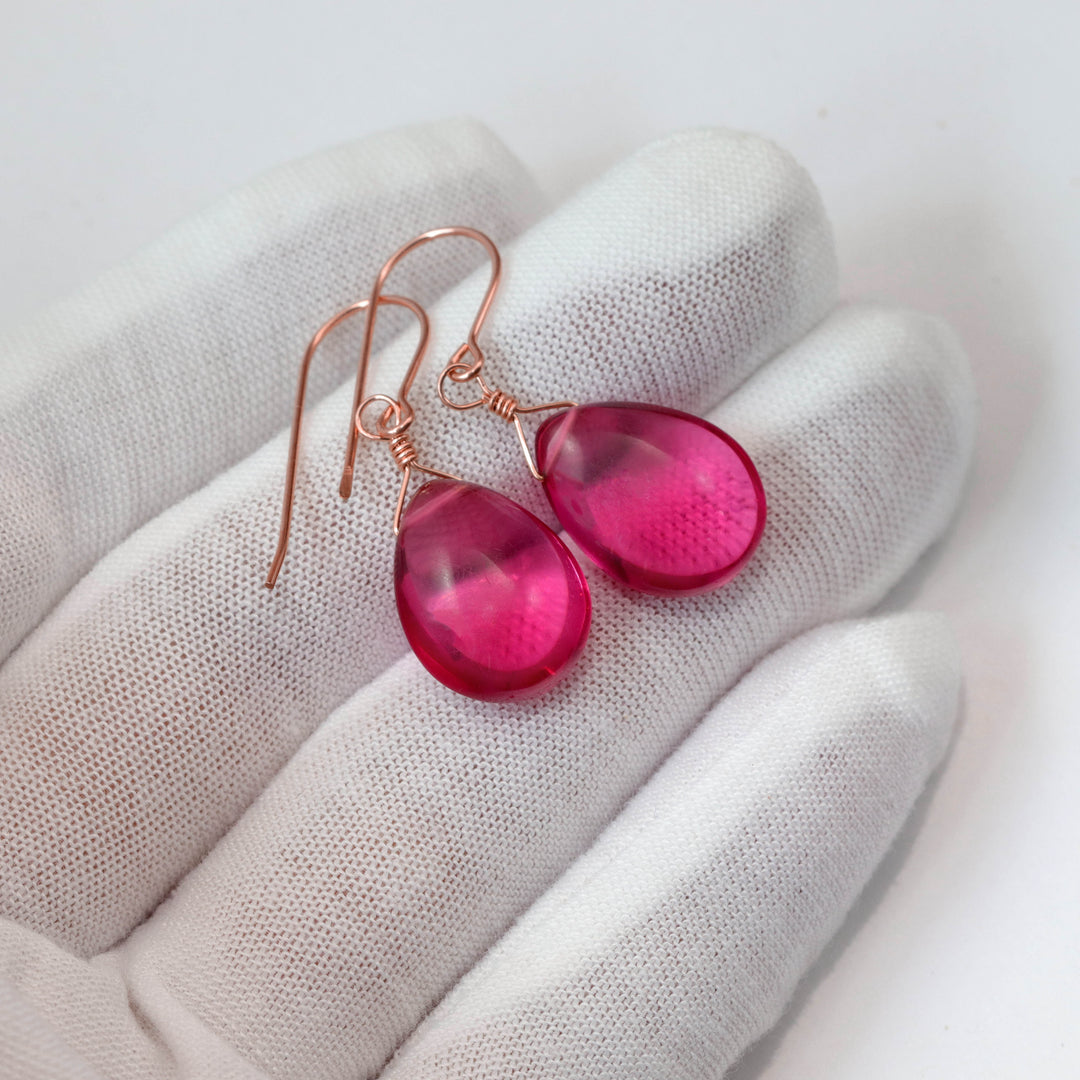 Hot Pink Earrings Smooth Pear Simulated Sapphire Teardrop Drops Dangle Sterling Silver or 14k Solid Gold  or Filled Bright Fuchsia Magenta