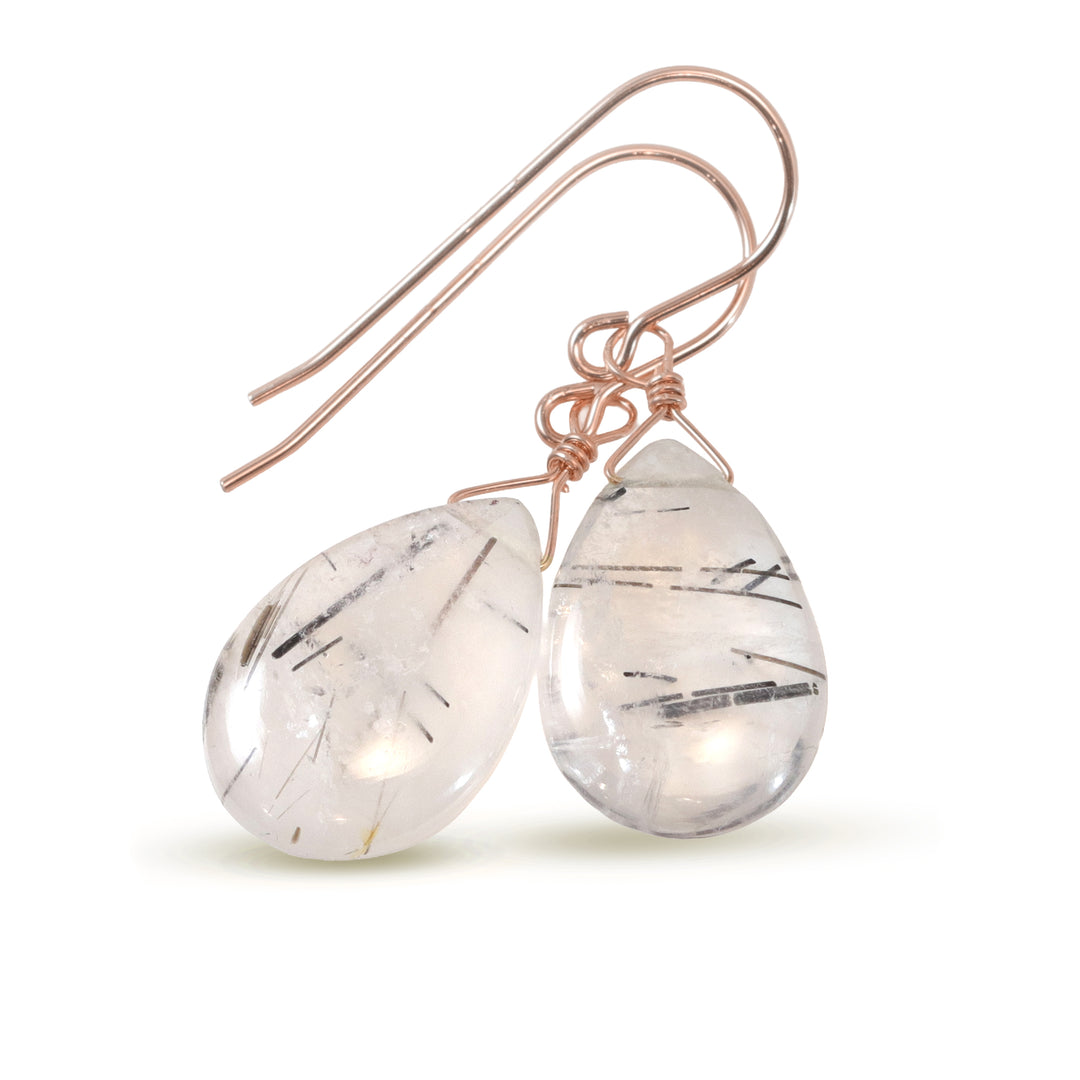 Black Rutile Tourmalated Quartz Earrings Smooth Dangle Rutilated Teardrops 14k Solid Gold or Filled or Sterling Silver Pear Simple Drop
