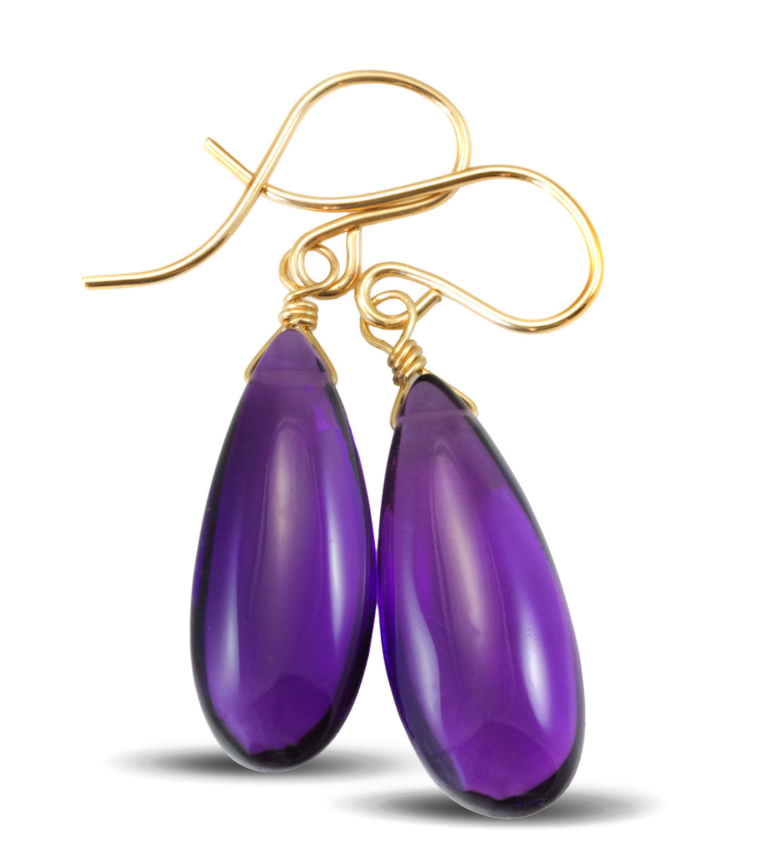 Simulated Amethyst Purple Smooth Long Earrings 1.4" – Sterling Silver or 14k Gold