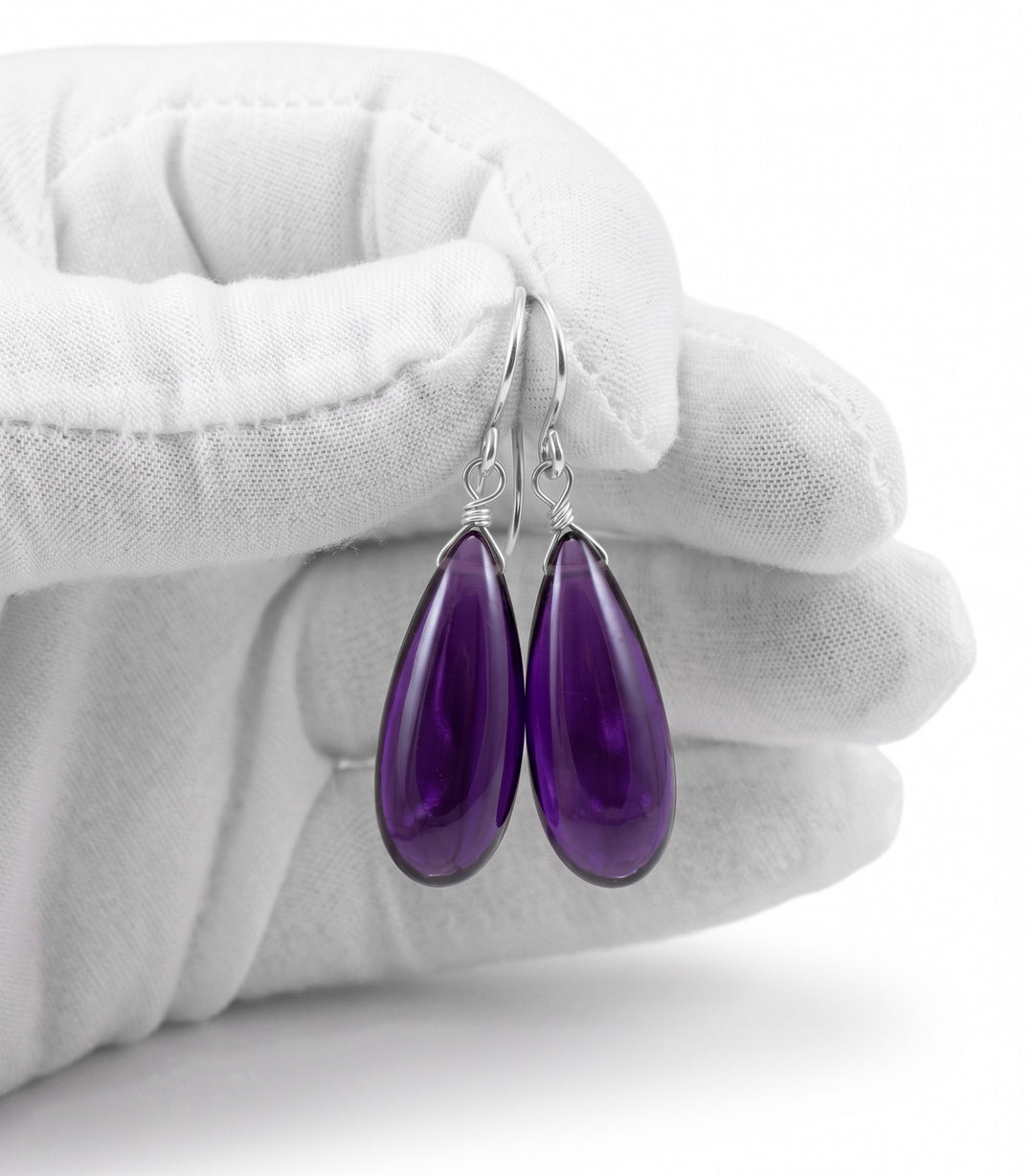 Simulated Amethyst Purple Smooth Long Earrings 1.4" – Sterling Silver or 14k Gold