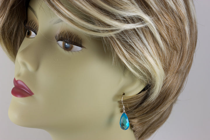 London Blue Earrings Faceted Simulated Topaz Pear Drops 14k Solid Gold or Filled or Sterling Silver Soft Smokey Blue smoky lightweight Drops
