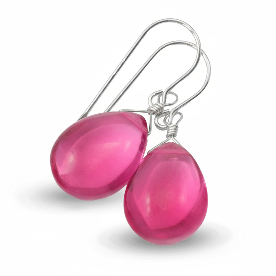 Hot Pink Earrings Smooth Pear Simulated Sapphire Teardrop Drops Dangle Sterling Silver or 14k Solid Gold  or Filled Bright Fuchsia Magenta