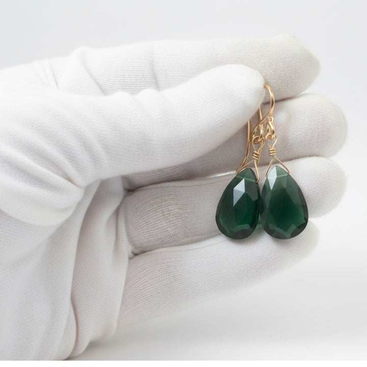 Green Smoky Sim Tourmaline Earrings Pear Briolette Smokey Olive Drops 14k Solid Gold or Filled or Sterling Silver Classic Faceted Cut Drops