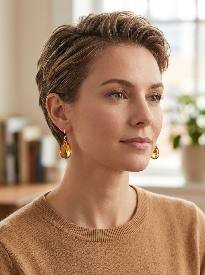 Madeira Simulated Citrine Earrings Dark Yellow Large Faceted Teardrops Drops 14k solid gold or filled or Sterling Silver