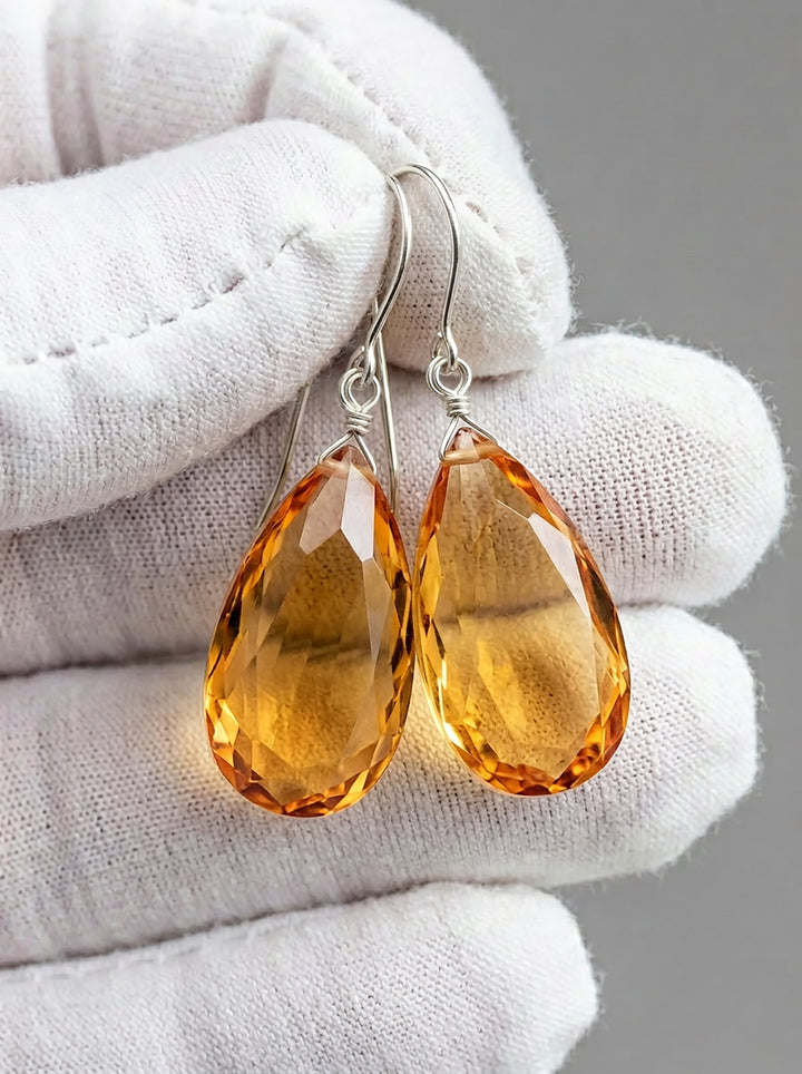 Madeira Simulated Citrine Earrings Dark Yellow Large Faceted Teardrops Drops 14k solid gold or filled or Sterling Silver