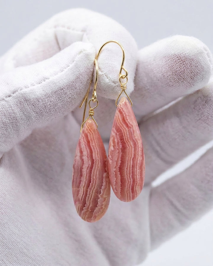 Natural Pink Rhodochrosite Earrings Smooth Large Long Briolette Dangle Drops Sterling Silver or 14k Solid Gold or Filled Teardrops AAAA