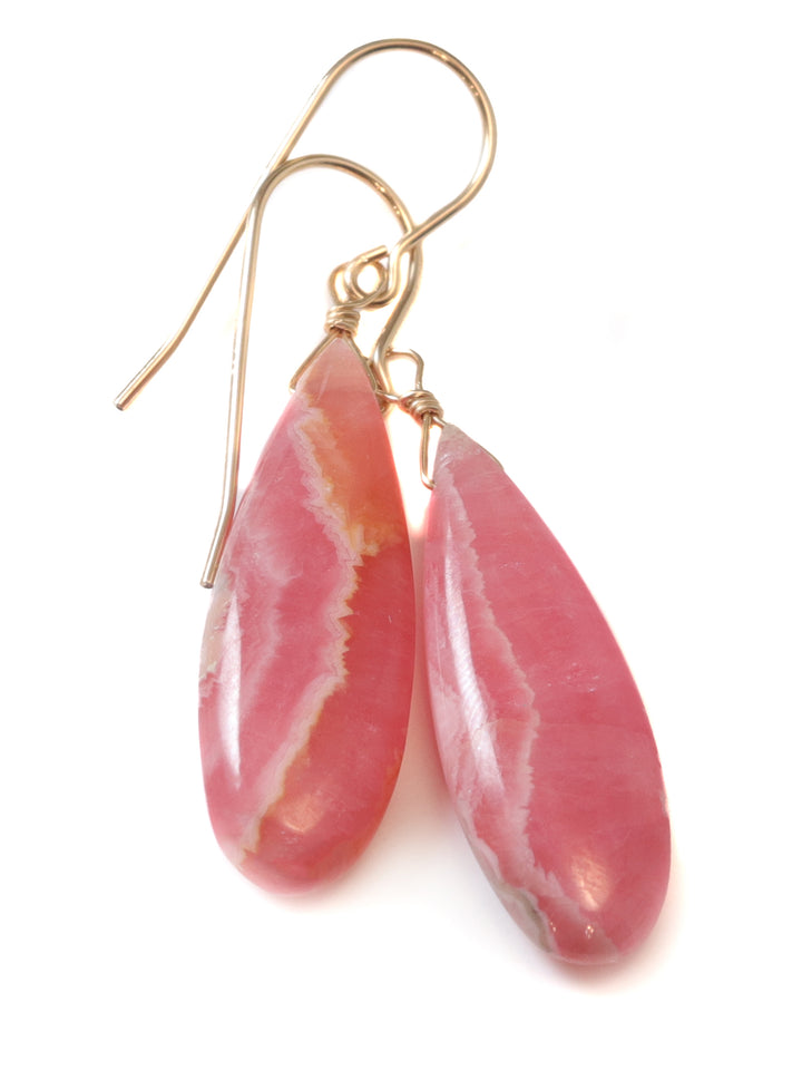 Natural Pink Rhodochrosite Earrings Smooth Large Long Briolette Dangle Drops Sterling Silver or 14k Solid Gold or Filled Teardrops AAAA