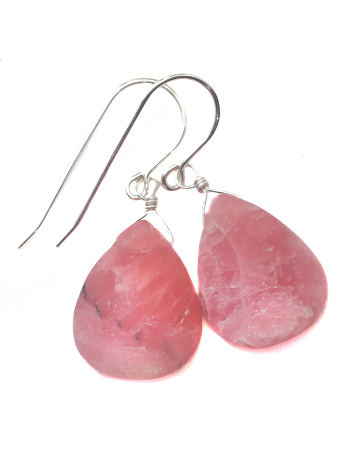 Pink Rhodochrosite Earrings Smooth Natural Teardrop Dangle Drops Sterling Silver or 14k Solid Gold or Filled Natural Earthy Pink Simple Drop