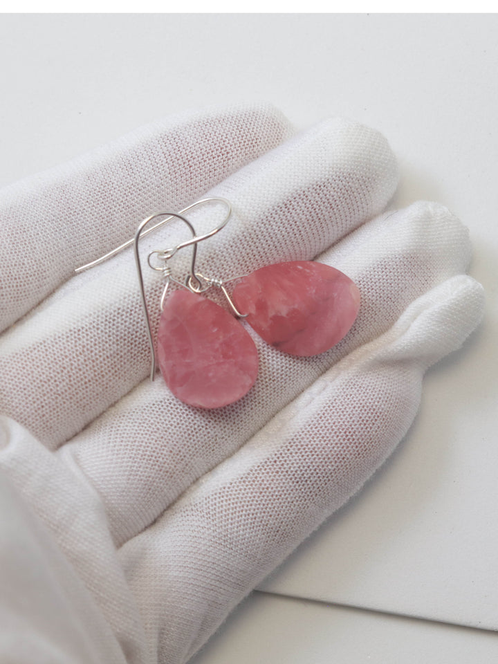 Pink Rhodochrosite Earrings Smooth Natural Teardrop Dangle Drops Sterling Silver or 14k Solid Gold or Filled Natural Earthy Pink Simple Drop