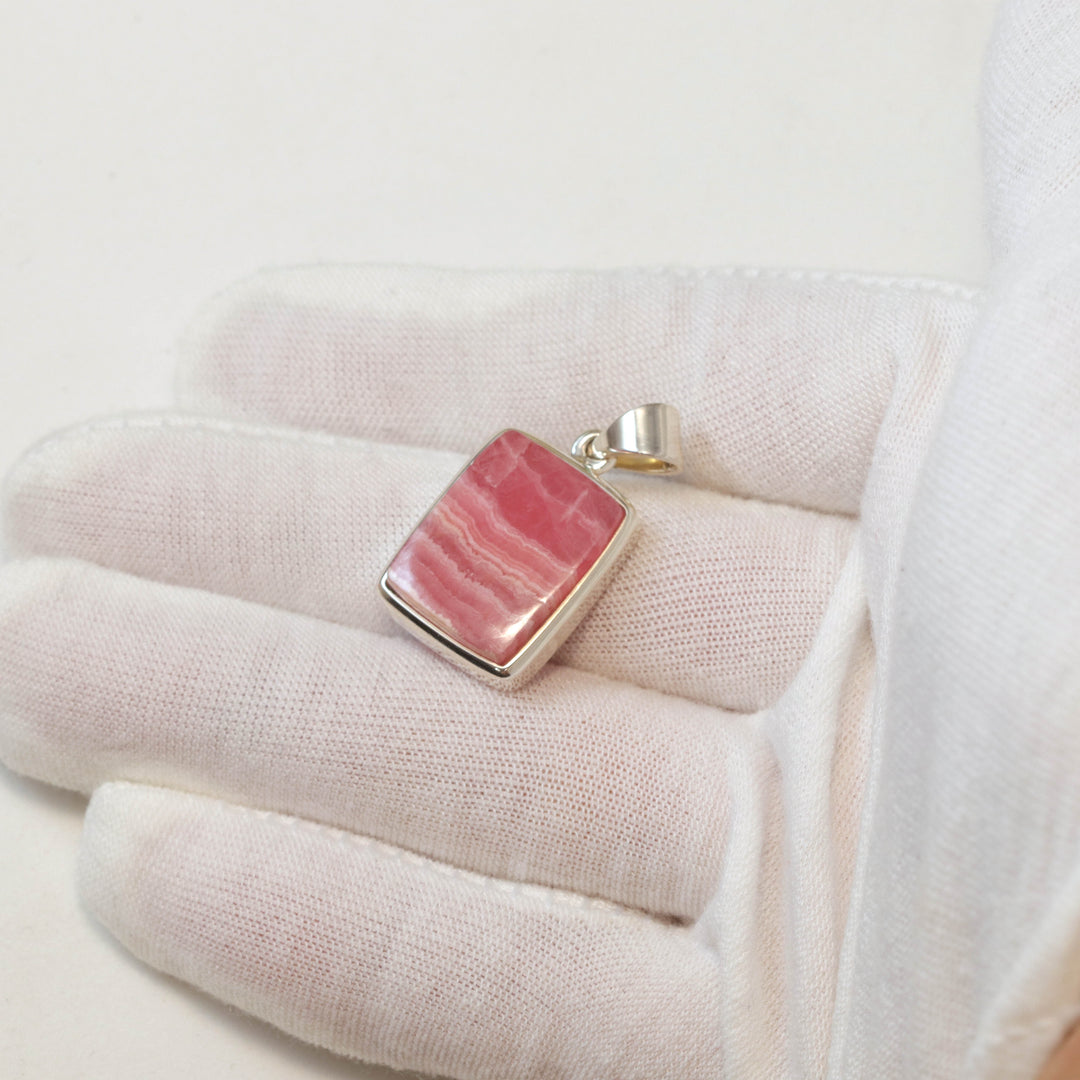 Rhodochrosite Necklace Pendant Natural Pink Genuine Contemporary Rectangle Cut Sterling Silver Bezel