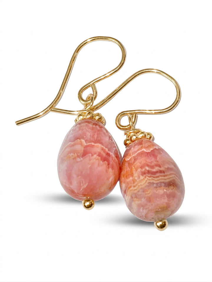 Rhodochrosite Earrings Smooth Natural PInk Teardrop Dangle Drops Sterling Silver or 14k Solid Gold or Filled Dainty Small Simple Earthy Pink