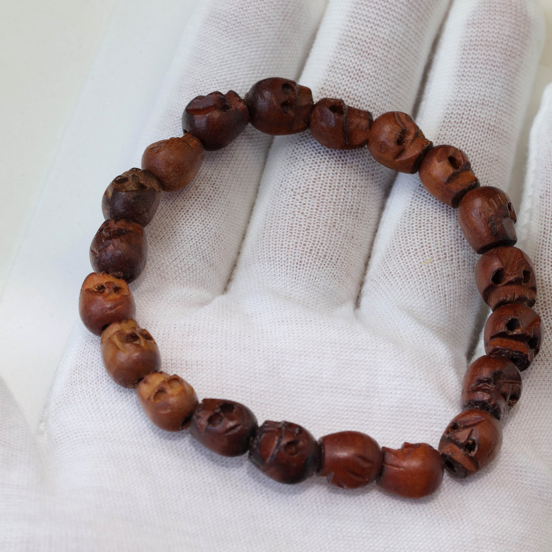 Skull Bracelet Carved Brown or Black Wood Small Medium Large Size Wooden Skulls 7 8 9 Inch Women Man Men's Bracelet Stretchy Tibetan Prayer