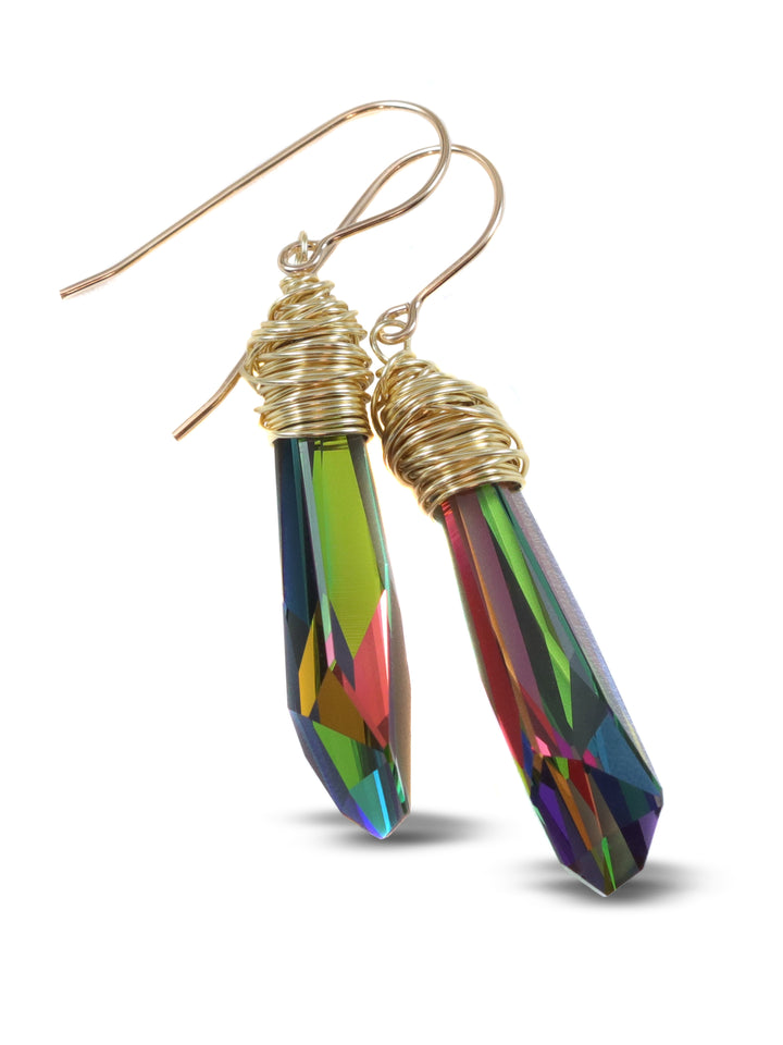 Spyglass Designs Earrings created with Crystals by Swarovski® Vitrail Multi Rainbow 14k Solid Gold Sterling Silver 2 In