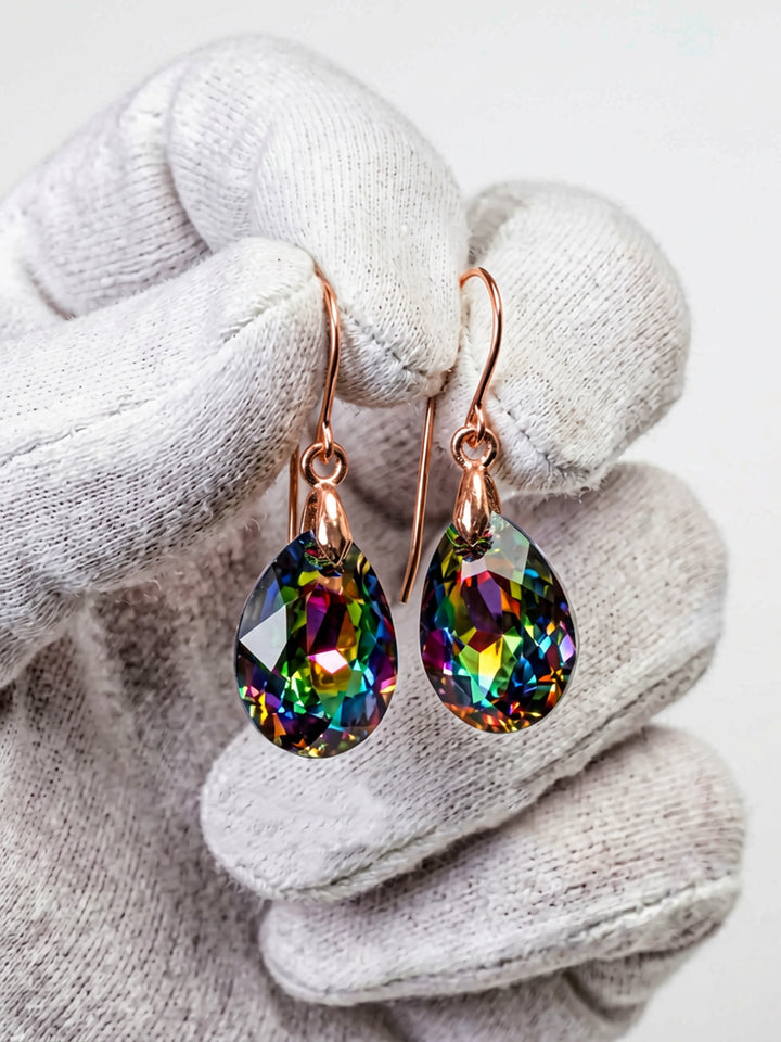 Spyglass Designs Earrings created with Crystals by Swarovski® 14k Solid Gold or Sterling Silver Dangles Multi Rainbow Color Dark