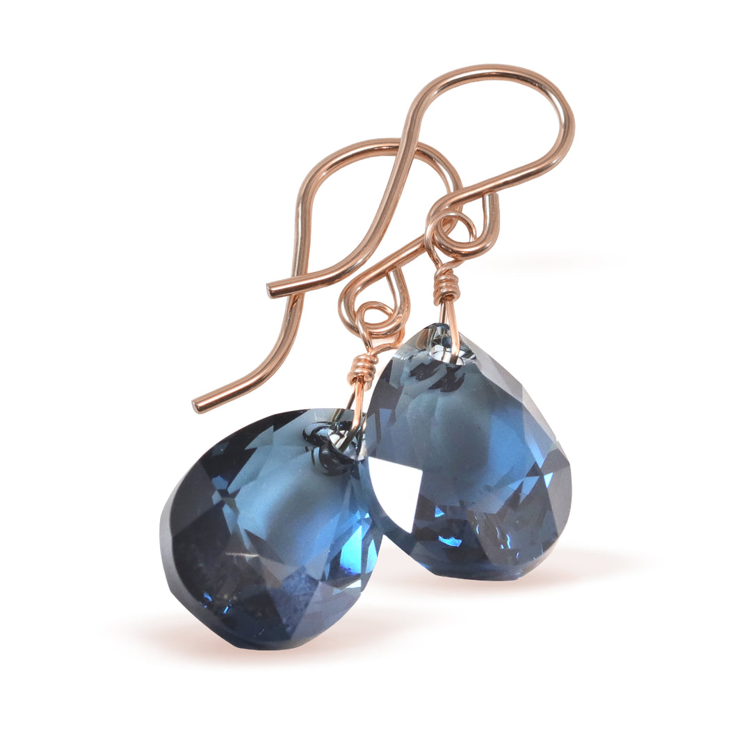 Spyglass Designs Wire Wrapped Earrings created with London Blue Sapphire Crystals 14k Solid Gold or Sterling Silver Dangles
