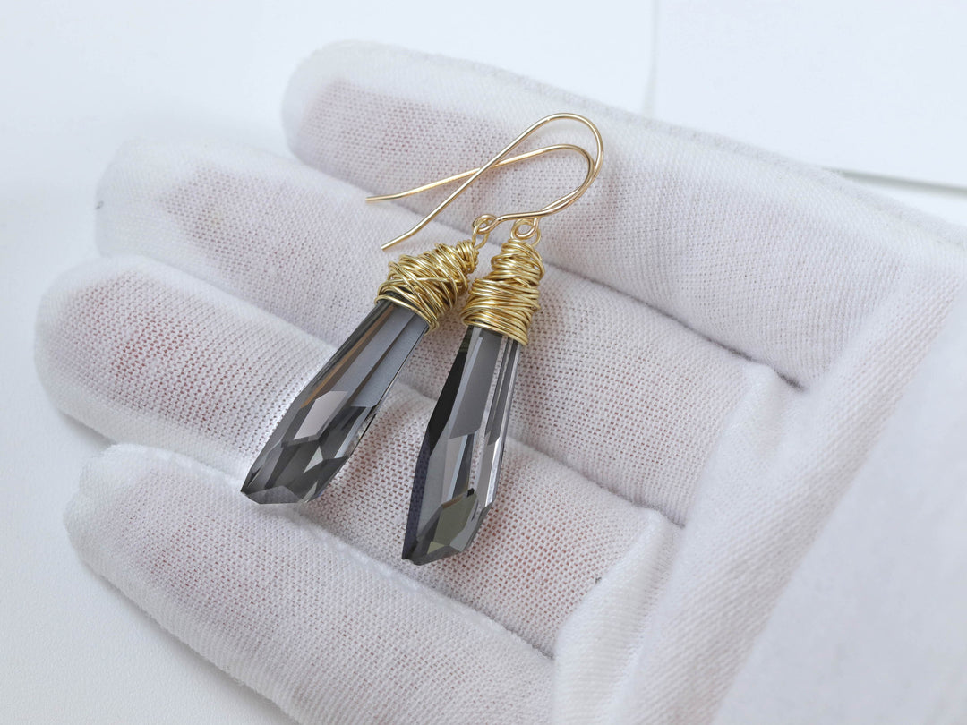 Spyglass Designs Earrings created with Crystals by Swarovski® Silvery Black Crystals 14k Solid Gold or Sterling Silver Dangle 2 in
