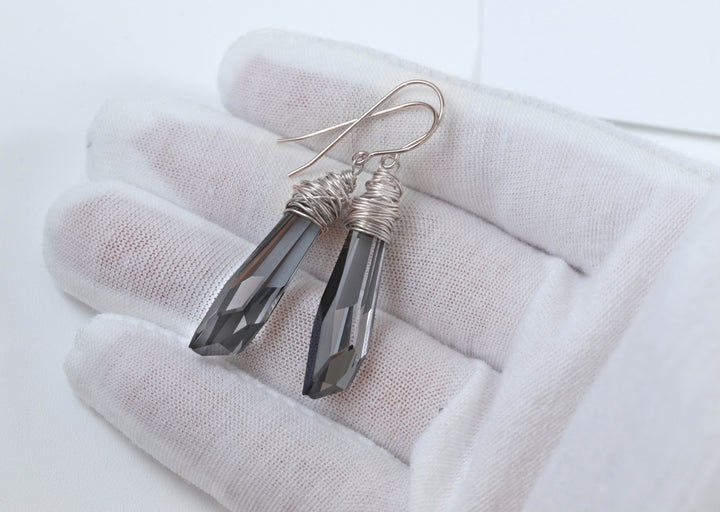 Spyglass Designs Earrings created with Crystals by Swarovski® Silvery Black Crystals 14k Solid Gold or Sterling Silver Dangle 2 in