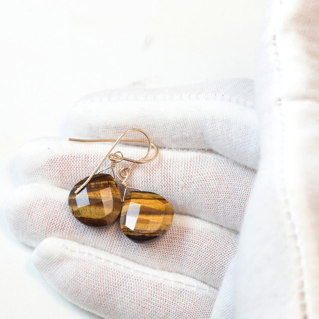 Tiger's Eye Earrings Faceted Heart Fat Teardrop dangle drop Sterling Silver or 14k Solid Gold or yellow or rose gold filled Natural Drops