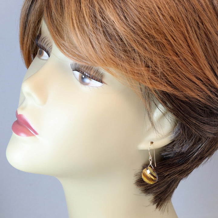 Tiger's Eye Earrings Faceted Heart Fat Teardrop dangle drop Sterling Silver or 14k Solid Gold or yellow or rose gold filled Natural Drops