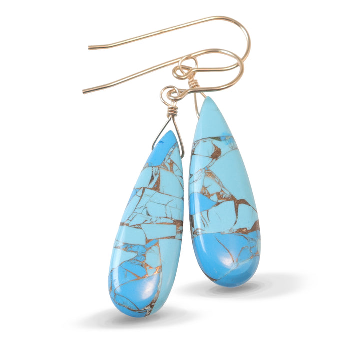 Copper Blue Turquoise Earrings Long Sterling Silver or 14k Solid Yellow Gold or Filled Mosaic Veining Simple Drops Spyglass Designs Earthy